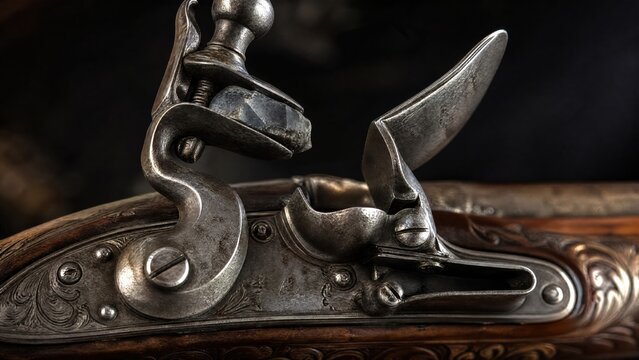  Close-up detail of ornate flintlock pistol focusing on flint against frizzen. 