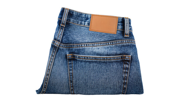 Isolated folded blue denim jeans, back view with a blank leather patch, everyday fashion apparel