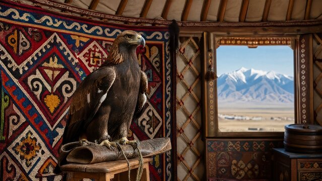  Colorful felt shyrdak rug on yurt lattice, golden eagle on glove, Central Asian nomadic concept. 