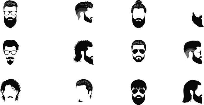 Set of men hairstyle and beard vector avatars featuring hipster haircuts mustache man bun undercut sunglasses and glasses silhouettes isolated on white background