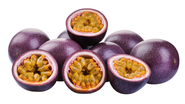Isolated fresh whole and half-cut passion fruits revealing vibrant pulp and seeds