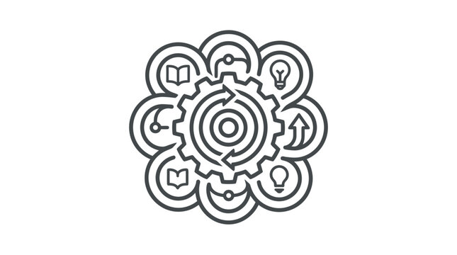 Gear icon surrounded by books and lightbulbs petals.