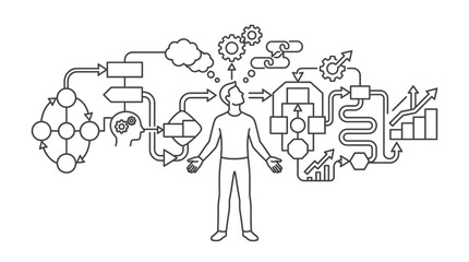 Linear mental process flowchart with human figure gears. © anisah muazizah