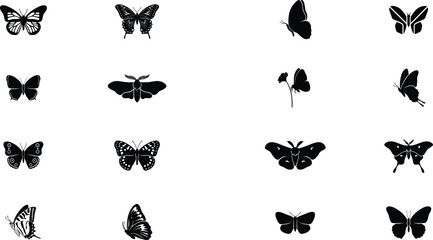 Fototapeta premium Set of solid black butterfly silhouettes including flying moths side view wings open and insect shapes isolated on white background vector illustration