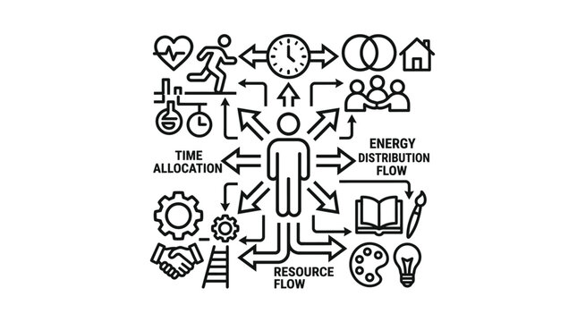 Life balance icons representing time allocation and energy flow.