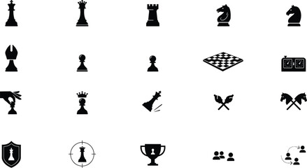 Set of solid black chess game icons including king queen rook knight bishop pawn chessboard timer and strategy target symbols isolated on white background © sakhina