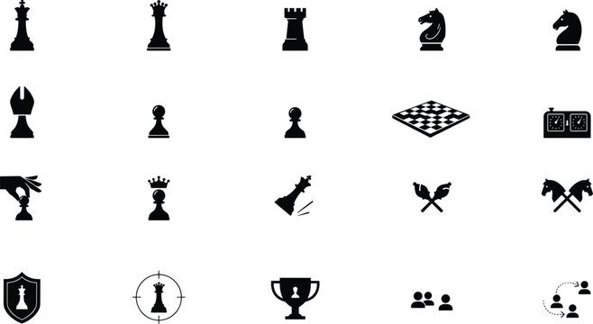 Set of solid black chess game icons including king queen rook knight bishop pawn chessboard timer and strategy target symbols isolated on white background
