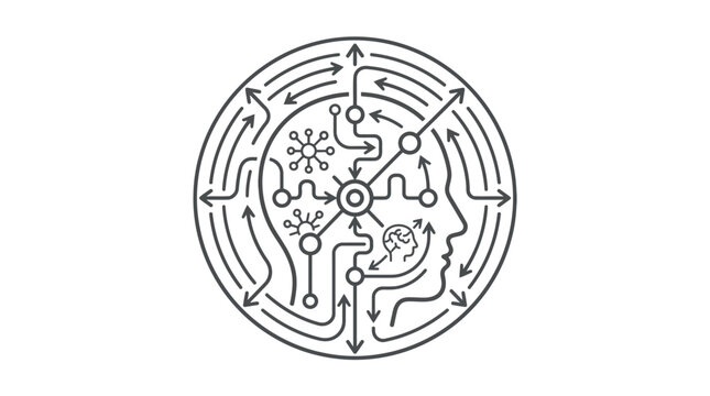 Circular brain maze with head profile outline illustration.