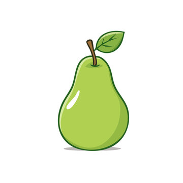 Cartoon green pear with a single leaf and stem, isolated on a white background, simple flat illustration
