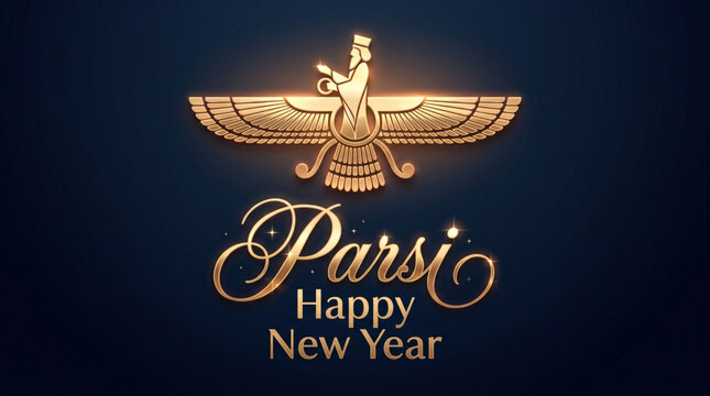 Premium Parsi New Year Greeting with Golden Faravahar Symbol on Elegant Dark Blue Festive Background