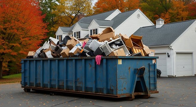 Overfilled blue dumpster sits in front of a house, laden with discarded items, fall foliage nearby