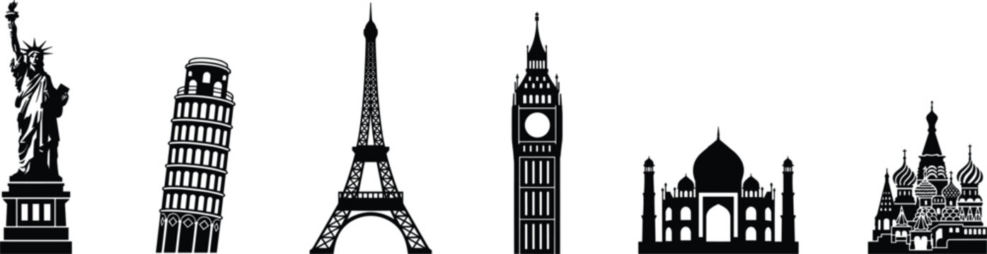 Set of solid black world landmark silhouettes featuring Statue of Liberty Leaning Tower of Pisa Eiffel Tower Big Ben Taj Mahal and Saint Basil Cathedral