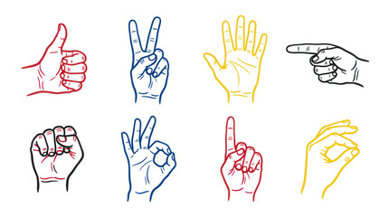 Fototapeta premium Set of Hand Gestures Icons: Thumbs Up, Peace Sign, Open Palm, Pointing Finger