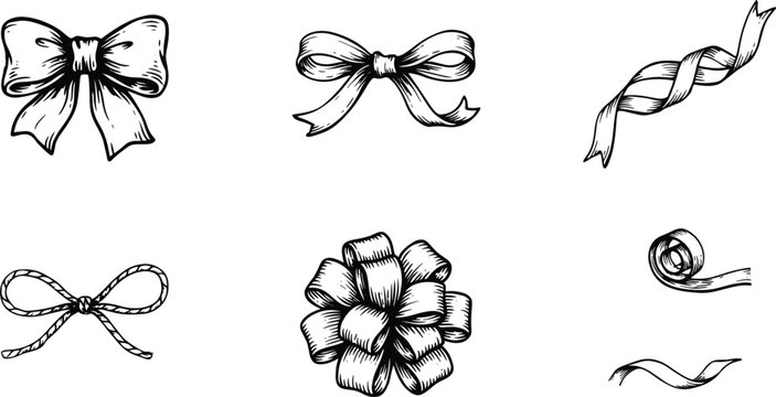 Set of vintage hand drawn ribbon bow sketches in an engraved woodcut style featuring holiday pompom knots and curly ribbon strings on white background vector