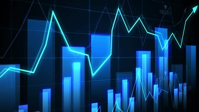 Rising stock chart with glowing blue bars and line graph, Glowing financial chart with rising bars and line graph market growth and business analytics animation