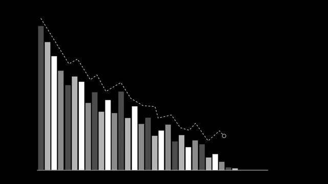 Declining bar chart with downward trend, Blue bar chart with falling line graph decline in business data, finance performance and analytics animation
