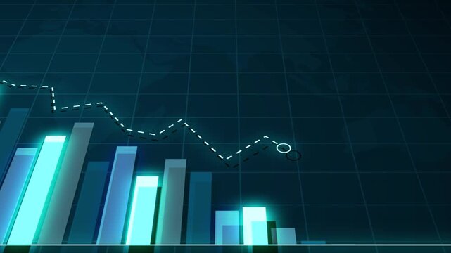 Declining bar chart with downward trend, Blue bar chart with falling line graph decline in business data, finance performance and analytics animation