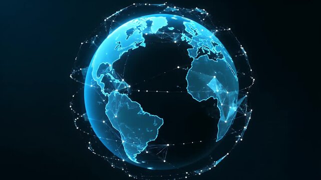 A glowing digital globe showing global network connectivity with data lines and nodes on a dark background