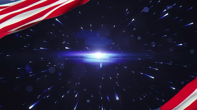 American flags waving with vibrant fireworks exploding