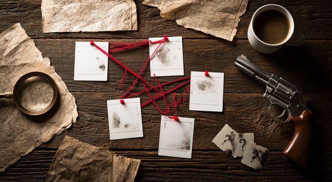 Detective investigation board with photos, red string, and a revolver