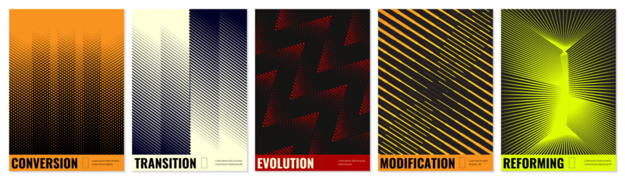 Abstract vector poster set with linear gradients and geometric distortion patterns, Minimalist halftone artwork visual transformation and dynamic motion ornament with transition effect, kit 5