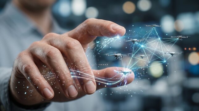 Futuristic digital network of interconnected drones illuminated in a human hand, representing advanced aerial technology, smart connectivity, and the future of autonomous innovation