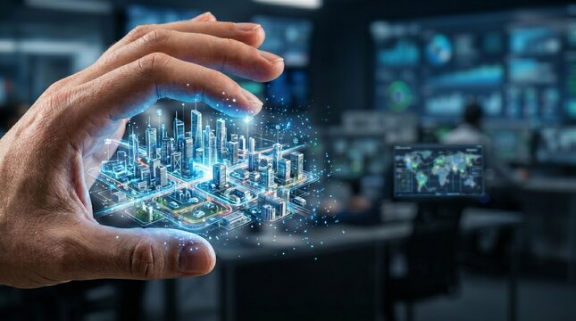 Human hand interacting with a glowing holographic smart city, representing advanced urban planning and data-driven technology for future development