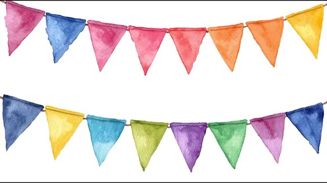 Colorful watercolor bunting flags isolated on white background