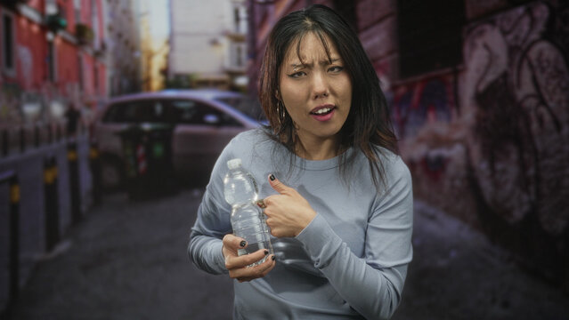 Woman unscrewing a plastic water bottle with hands on a graffiti lined street, mouth open in a startled expression, wearing a blue sweater and rings; surprise.