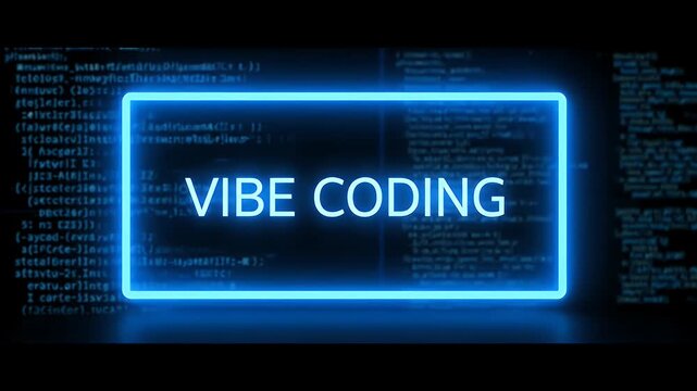 A glowing blue neon frame surrounds the text vibe coding against a dark background of scrolling digital source code