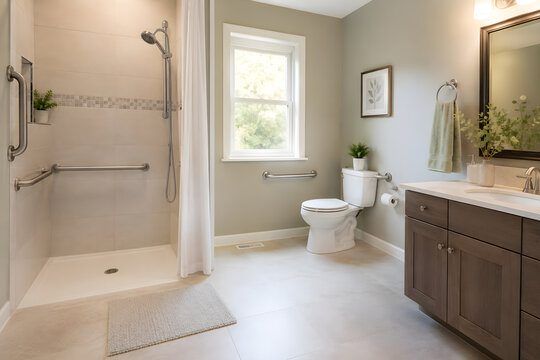 Modern accessible bathroom interior with safety grab bars for aging in place