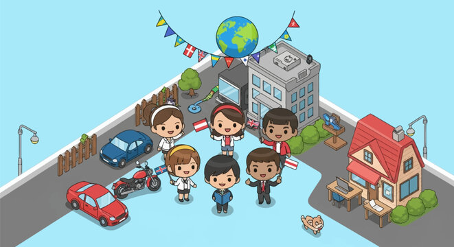 Isometric vector illustration of diverse chibi people holding international flags, standing by a globe, office buildings, a house, vehicles, and a small dog in a clean urban street scene.