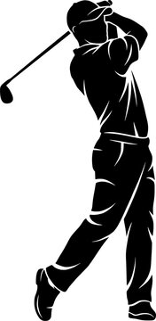 Golfer Silhouette Swinging Golf Club in Follow Through Pose, Professional Golf Player Action Illustration, Sports Competition and Outdoor Recreation Icon
