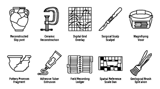 Archaeology and Pottery Restoration Tools Icon Set in Linear Style.