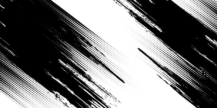 Abstract Black White Grunge Brush Stroke Background Vector, Diagonal Halftone Dot Pattern with Rough Ink Texture for Comic Design, Poster Template, and Edgy Graphic