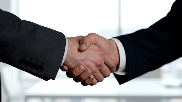 Two professional business partners in suits performing a firm handshake to seal a successful corporate agreement