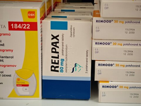 Prague,Czech Republic-April 2 2026: RELPAX Eletriptan by Pfizer tablets used for treatment of acute migraine attacks