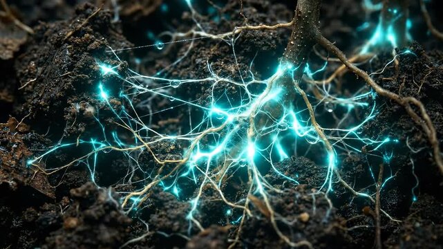 Vibrant mycorrhizal network illuminating dark soil, intricate mycelium connecting vital tree roots, essential underground ecosystem, powerful symbiotic fungal interaction, natural biological process