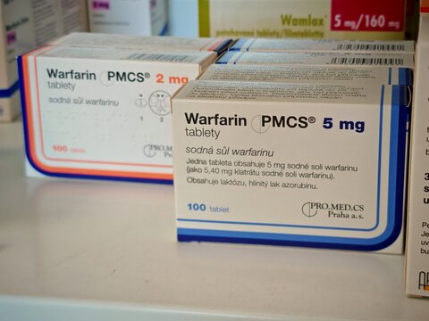 Prague,Czech Republic-April 2 2026: WARFARIN PMCS Warfarin sodium by PMCS tablets used for prevention of blood clot formation