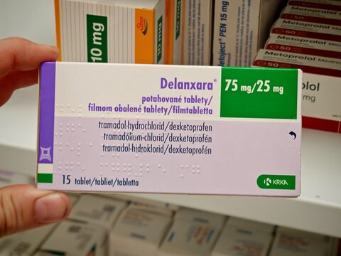 Prague,Czech Republic-April 2 2026: DELANXARA KRKA Tramadol Dexketoprofen tablets used for treatment of moderate to severe acute pain