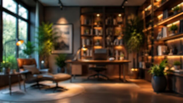 Blurred luxury home office interior library study room desk chair bookshelf indoor plants modern design cozy workspace
