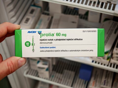 Prague,Czech Republic-April 2 2026: PROLIA Denosumab by Amgen injection used for treatment of osteoporosis and bone loss