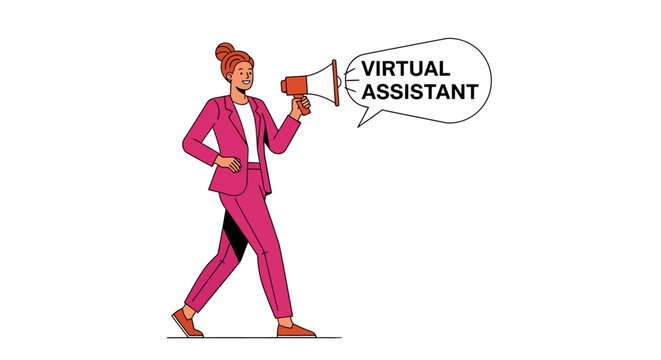Confident woman in pink suit using megaphone for virtual assistant promotion.