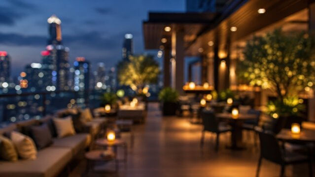 Blurred rooftop bar night city skyline bokeh lights luxury restaurant terrace lounge background evening atmosphere urban scenery