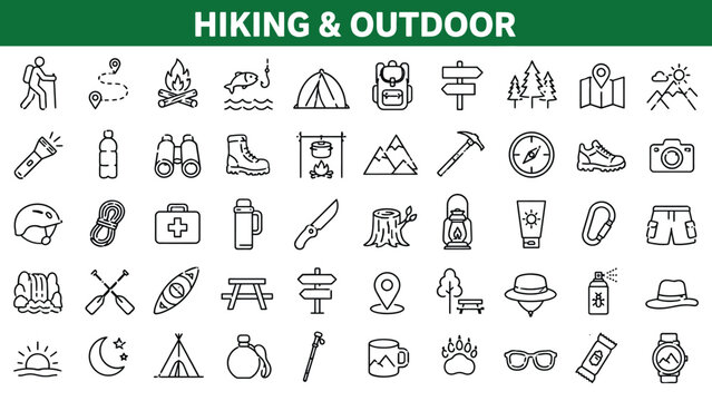 Hiking and outdoor recreation icons set collection including standard camping tents natural forest landscapes tracking maps or essential mountain gear.