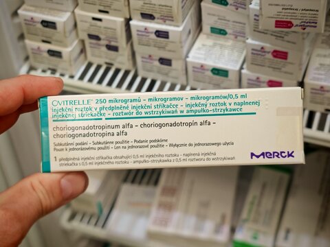 Prague,Czech Republic-April 2 2026: OVITRELLE Choriogonadotropin alfa by Merck injection used for fertility treatment and assisted reproduction