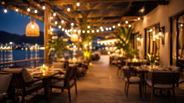 Blurred restaurant patio at night with glowing string lights waterfront dining area evening ambiance background