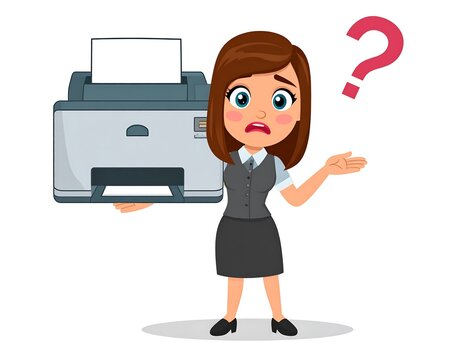 A cartoon woman holds a printer and shrugs with confusion