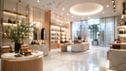 Fototapeta premium Blurred luxury boutique store interior fashion shop background marble floor clothing display