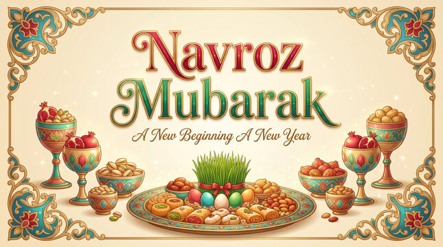 Traditional Navroz Mubarak Greeting Card with Haft Seen Inspired Festive Arrangement and Cultural Celebration